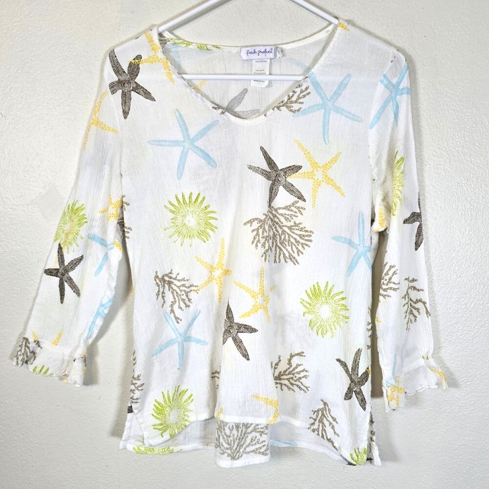 Fresh Produce Gauze Blouse Women's S White Sea Life Coastal Summer Beachy Boho